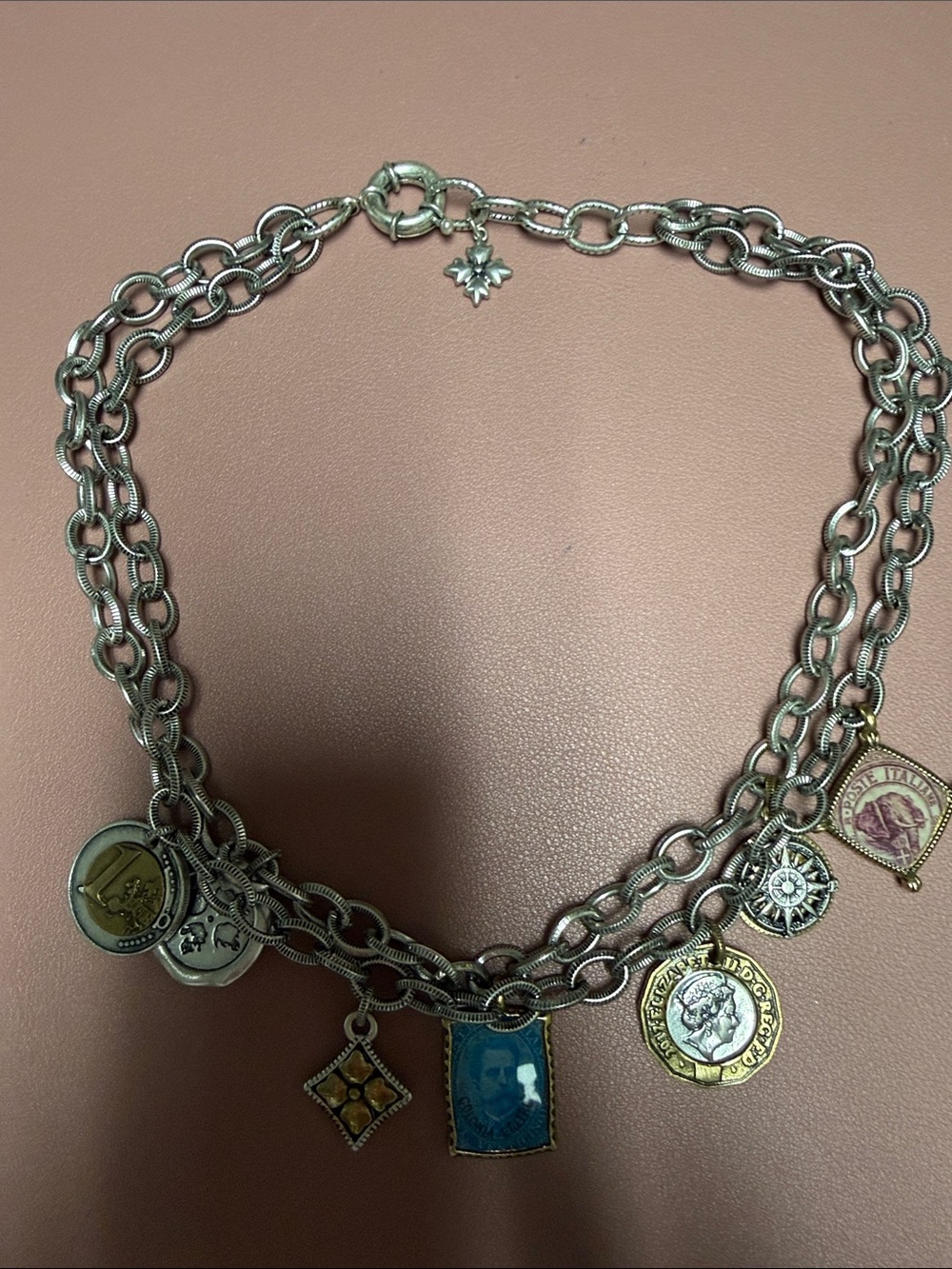 Patricia Nash Silver-Tone Charm Necklace with Mixed Coin and Pendant Charms